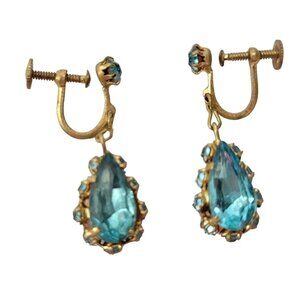 Czechoslovakia Vintage Robin's Egg Teal Rhinestone Screw Back Earrings